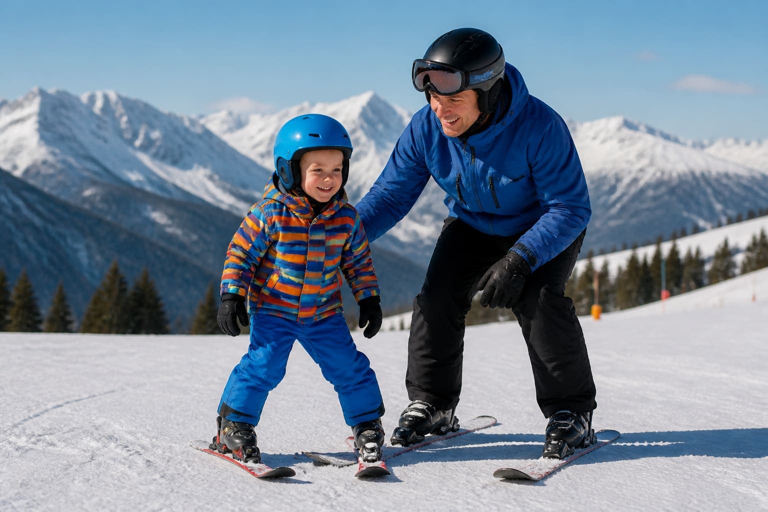 Child learning to ski with an instructor in Sierra Nevada