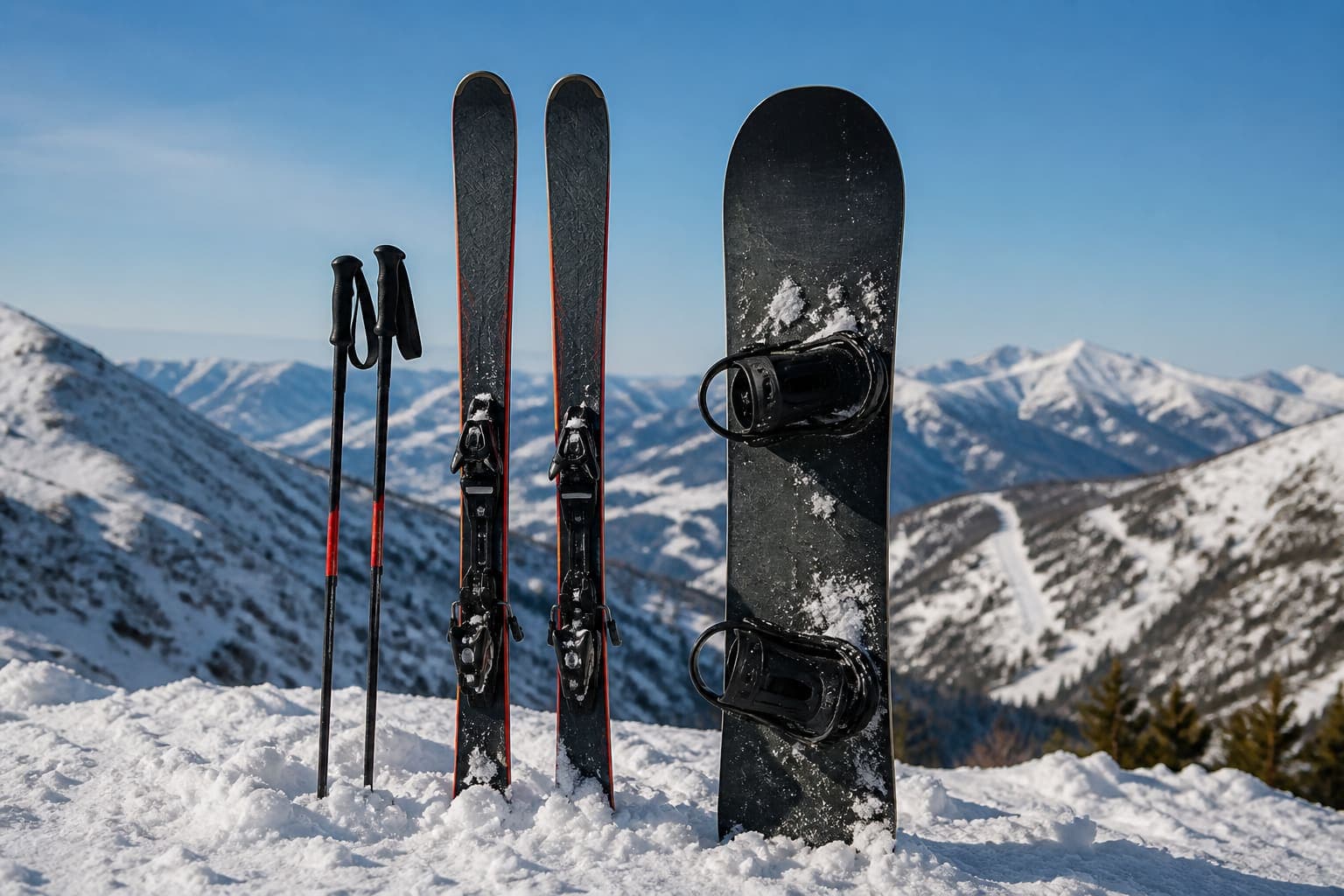 Skis and snowboard in the snow ready to choose