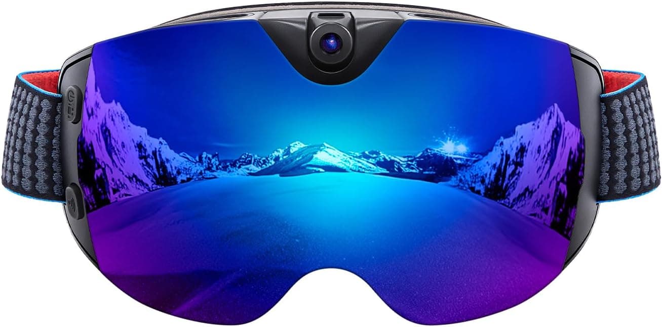 OhO sunshine ski goggles with iridescent blue-purple lens and an integrated 4K camera at the top.