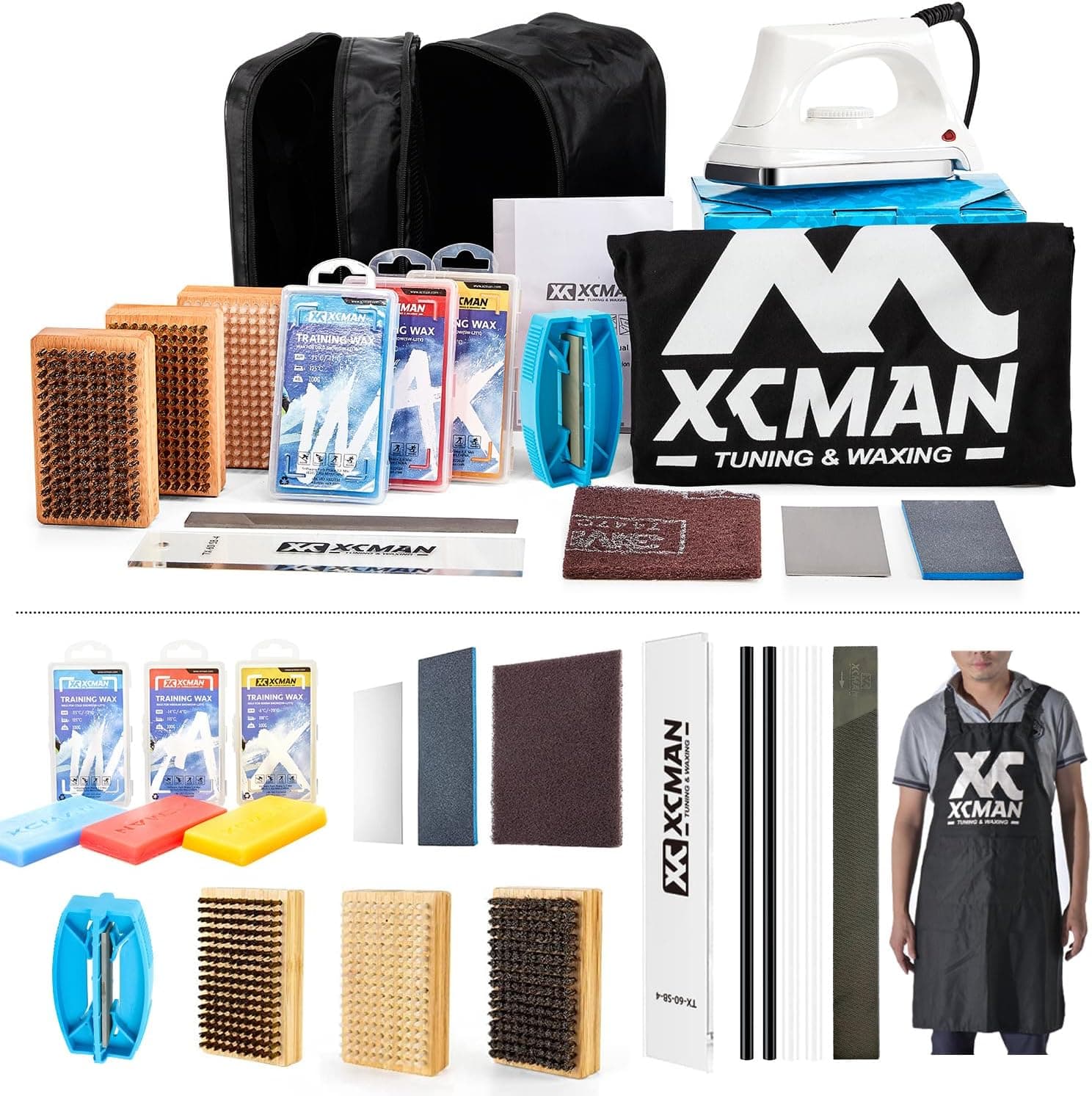 Complete XCMAN waxing and tuning kit with iron, waxes, and tools, on a dark surface.