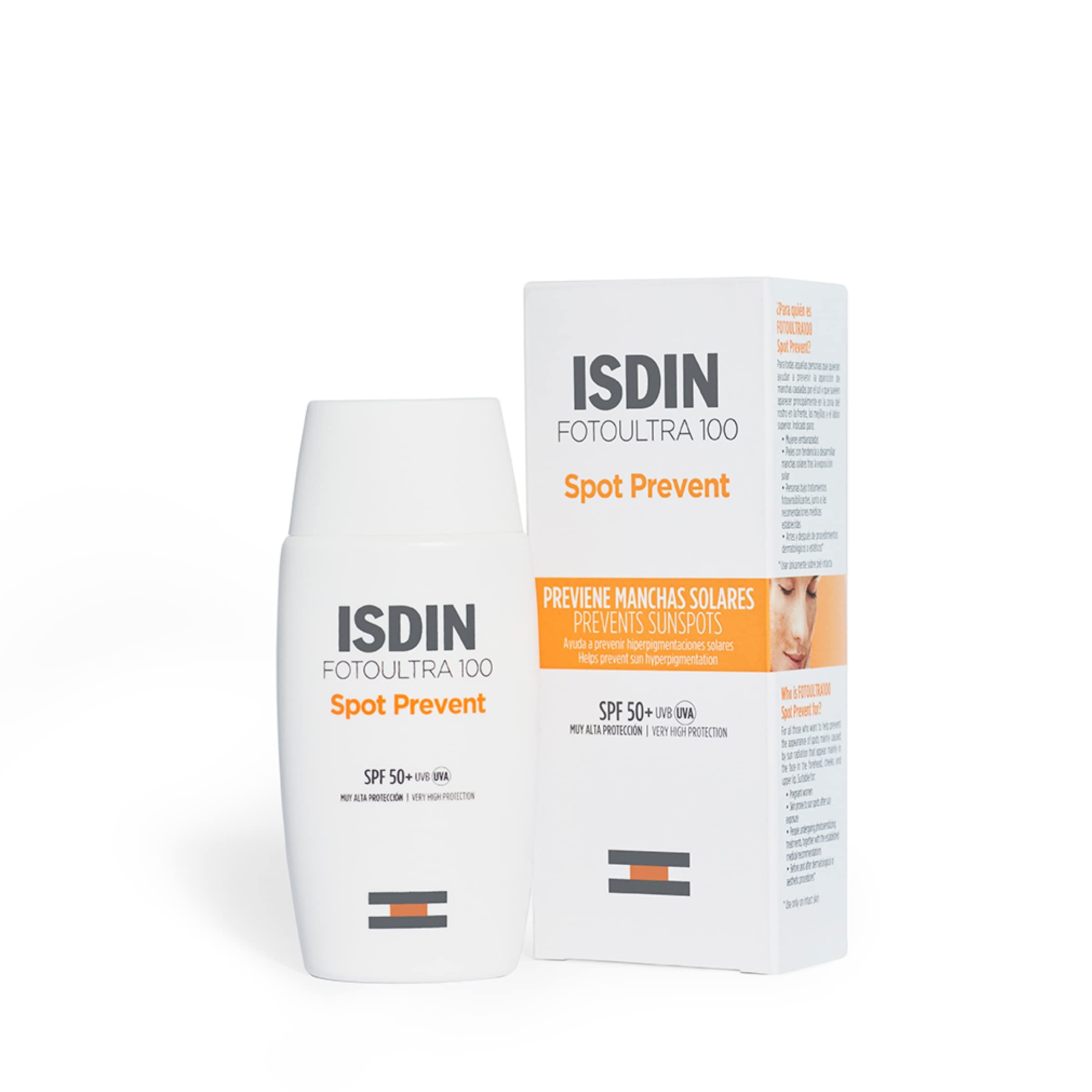 White bottle of ISDIN Fotoultra 100 Spot Prevent next to its box, highlighting its high sun protection.