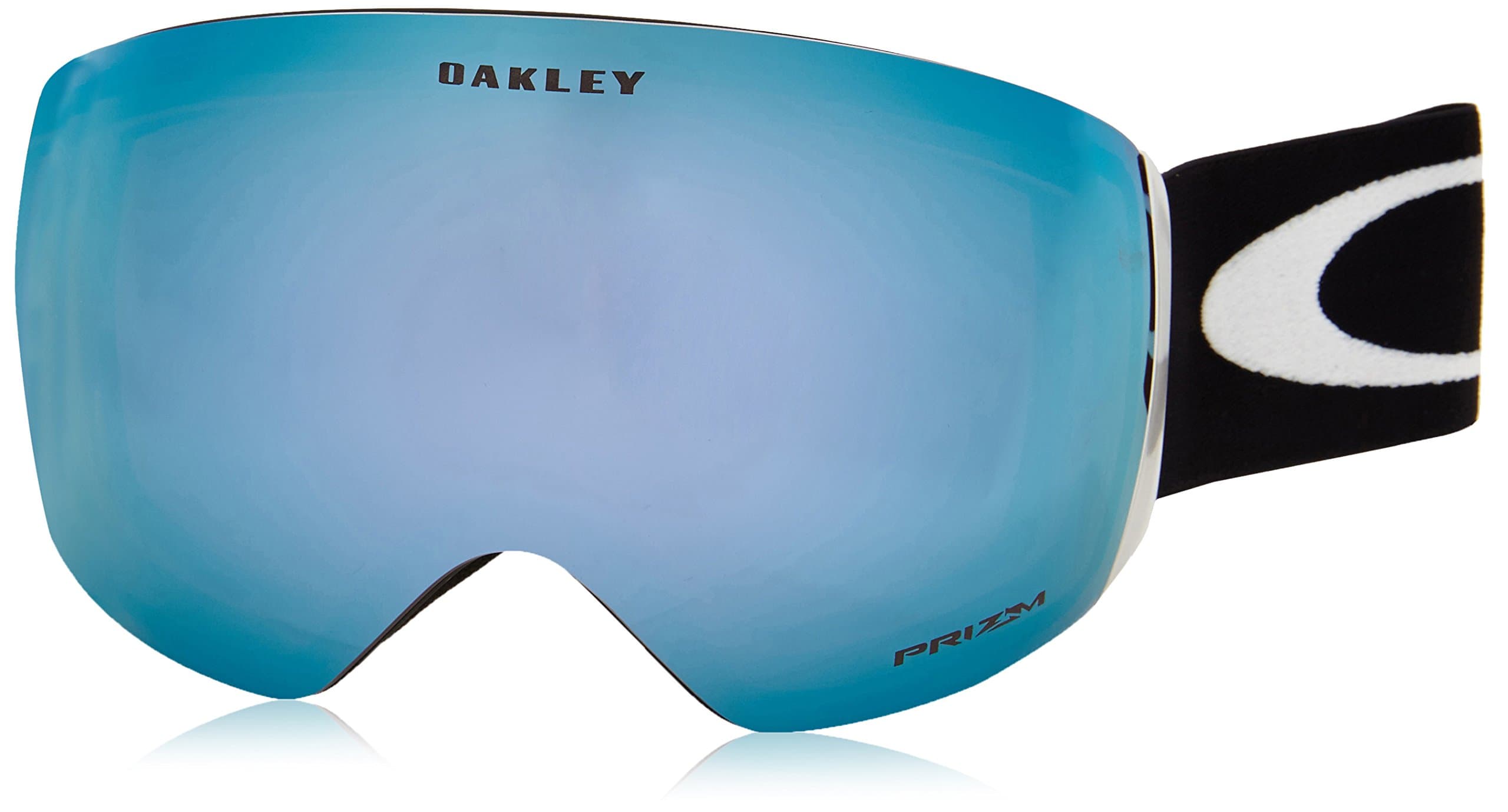 Oakley Flight Deck XM goggles with blue Iridium Prizm lens and black frame in a snowy environment.