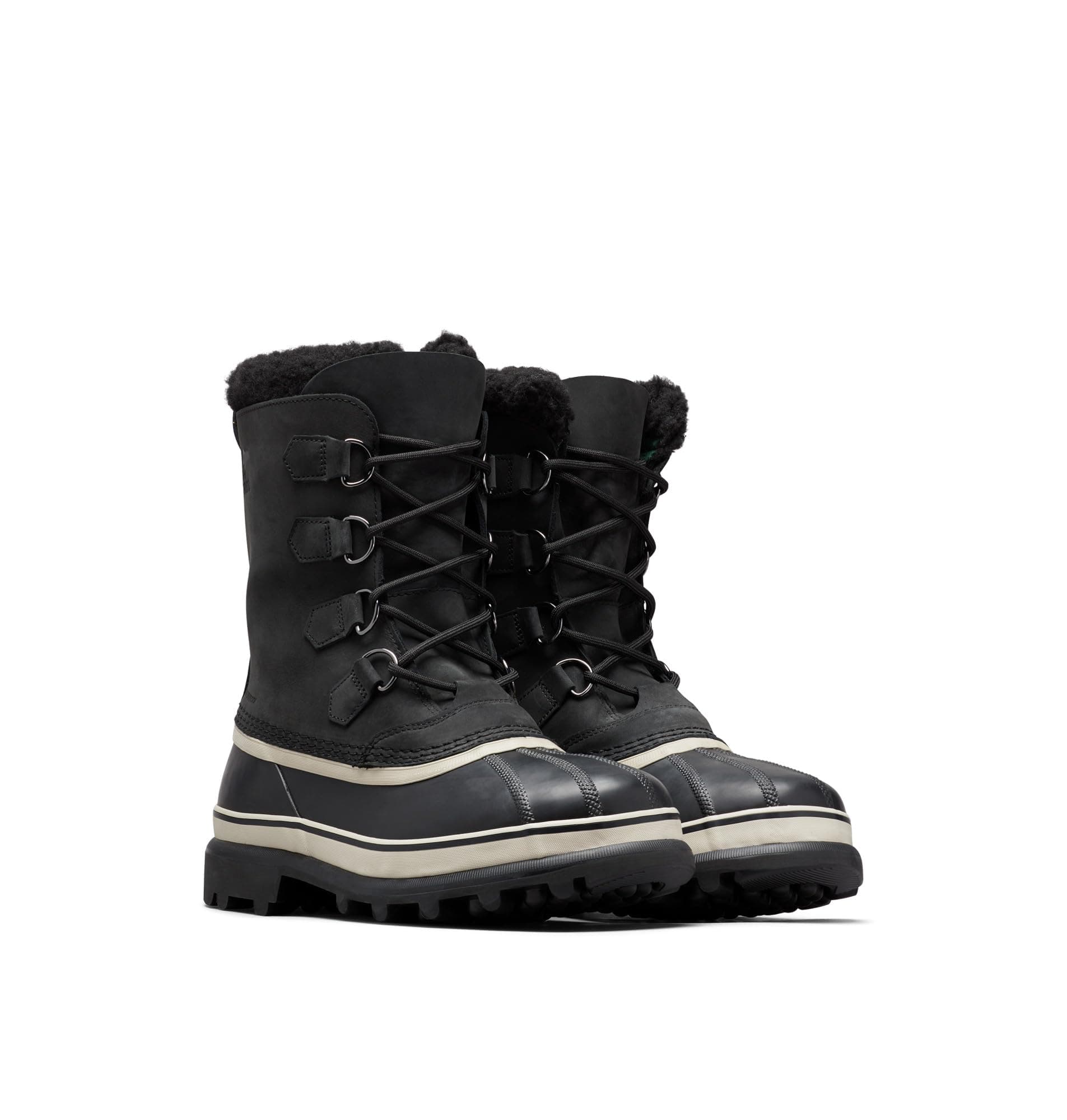 Pair of Sorel Caribou Wool NM1873 snow boots in black with white details, on a white background.