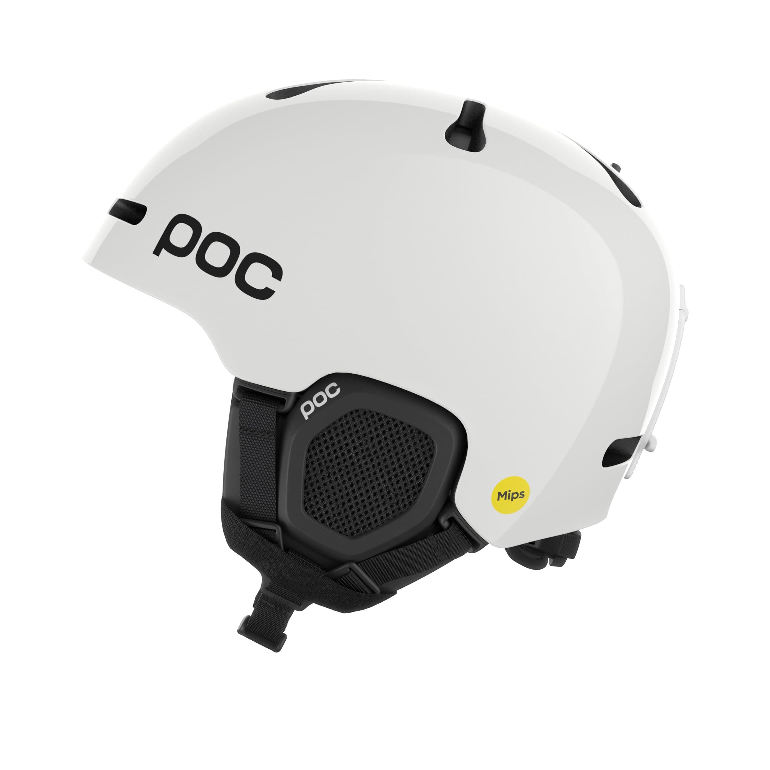 Bright white POC Fornix MIPS ski helmet, viewed from the side, with the black POC logo.