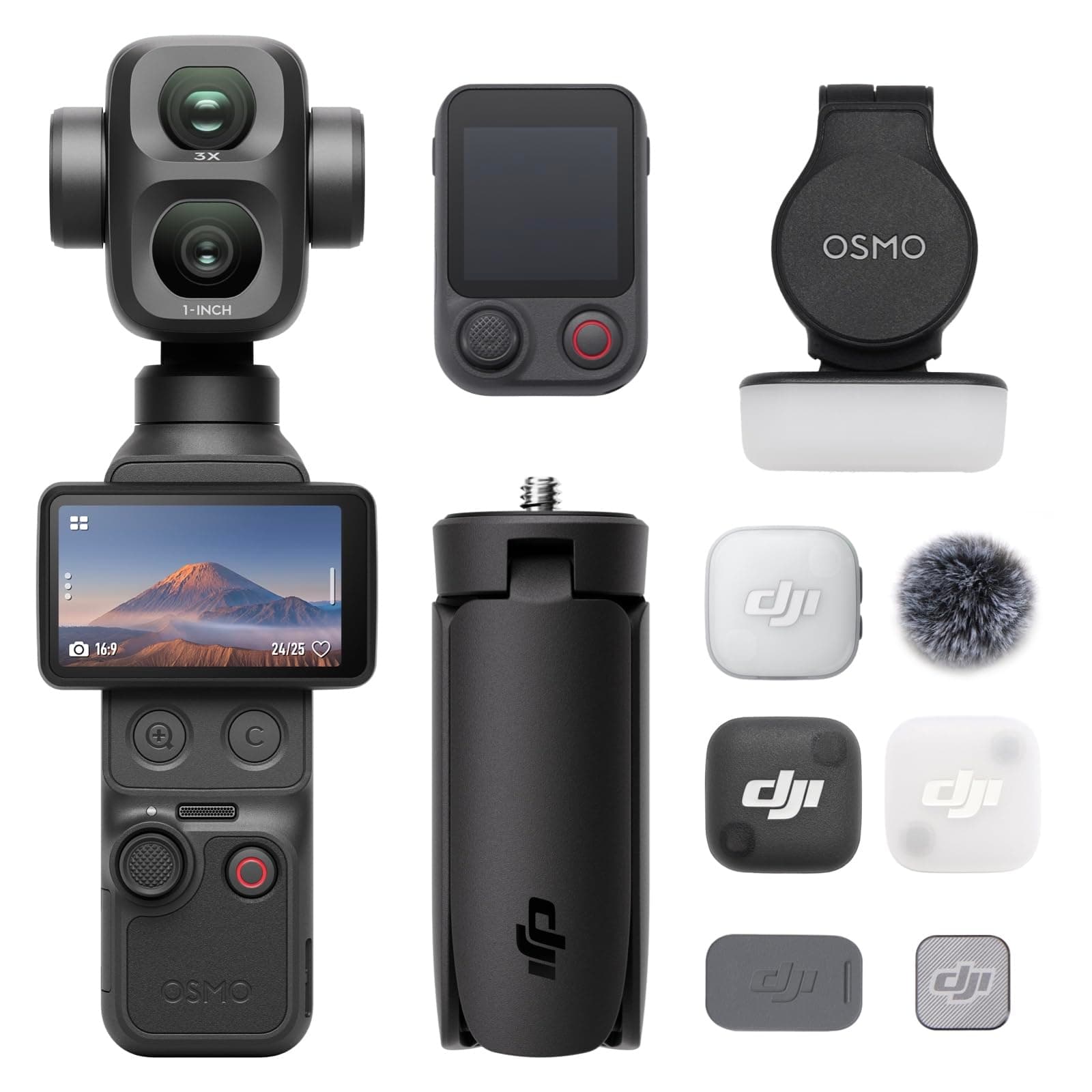 Complete DJI Osmo Pocket 4P kit with its accessories on a white background, showing the camera with screen, dual-lens module, wireless microphone, fill light, and mini tripod.